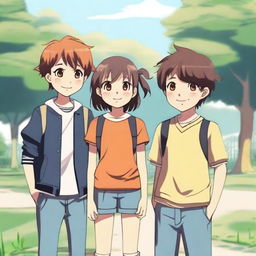 A scene featuring one girl and two boys standing together