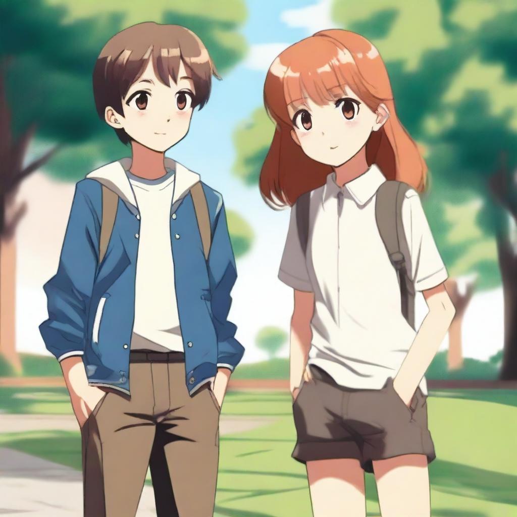 A scene featuring one girl and two boys standing together