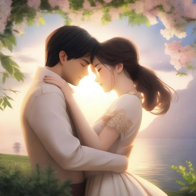 A romantic scene featuring two characters in a loving embrace, set in a beautiful, serene environment