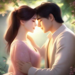 A romantic scene featuring two characters in a loving embrace, set in a beautiful, serene environment