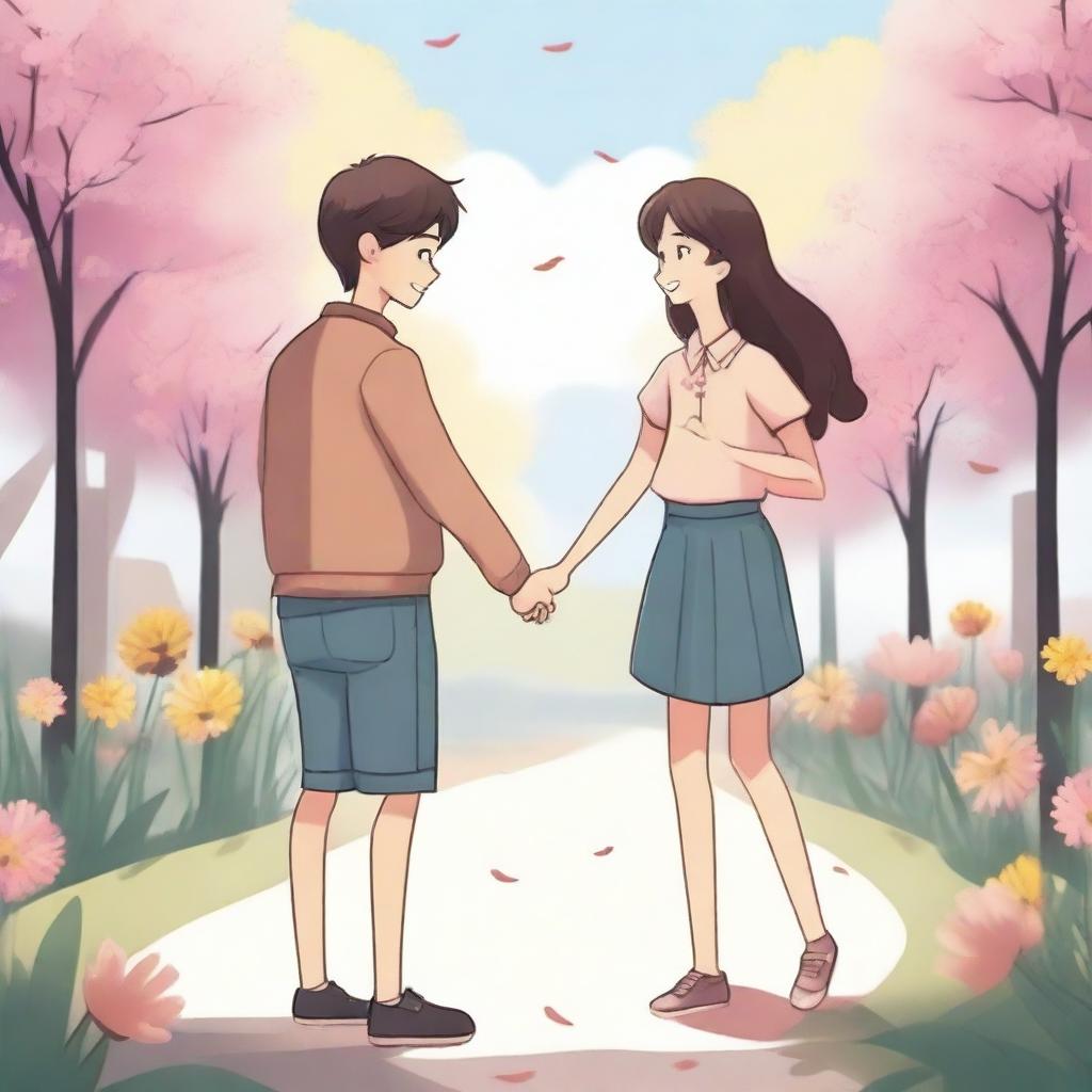 An illustration of a girl and a boy holding hands and giving flowers to each other