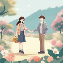 An illustration of a girl and a boy holding hands and giving flowers to each other