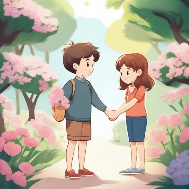 An illustration of a girl and a boy holding hands and giving flowers to each other