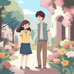 An illustration of a girl and a boy holding hands and giving flowers to each other