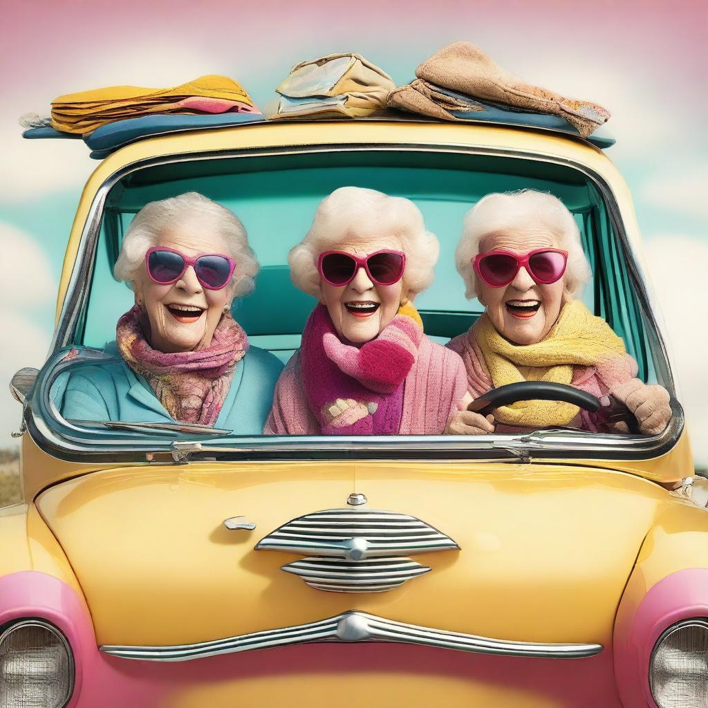 Create a humoristic image of five elderly ladies going on a road trip