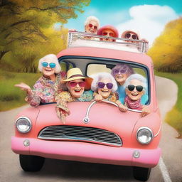 Create a humoristic image of five elderly ladies going on a road trip