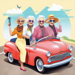 Create a humoristic image of five elderly ladies going on a road trip