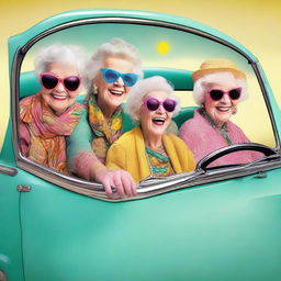 Create a humoristic image of five elderly ladies going on a road trip