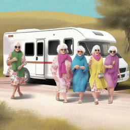 Create a humoristic image of five elderly ladies going on a road trip in a small motorhome named 'Daisy'