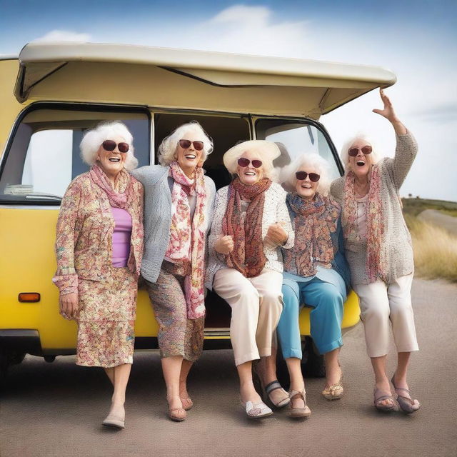 Create a humoristic image of five elderly ladies going on a road trip in a small motorhome named 'Daisy'