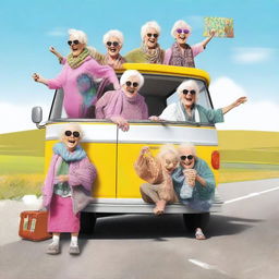 Create a humoristic image of five elderly ladies going on a road trip in a small motorhome named 'Daisy'