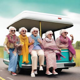 Create a humoristic image of five elderly ladies going on a road trip in a small motorhome named 'Daisy'