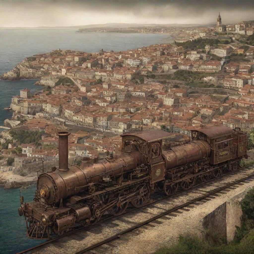 A concept of Portugal in the vein of steampunk, showcasing Lisbon with its skyline punctuated by steamwork machinery, Douro Valley's vineyards intertwined with cogs and gears, and the coastline traced by clockwork marine life.