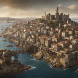 A concept of Portugal in the vein of steampunk, showcasing Lisbon with its skyline punctuated by steamwork machinery, Douro Valley's vineyards intertwined with cogs and gears, and the coastline traced by clockwork marine life.