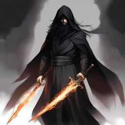 A human man with long black hair and a beard, wearing black robes and a hood