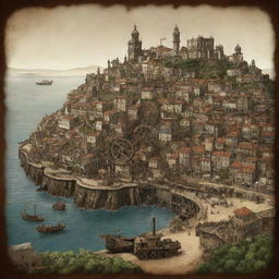 A concept of Portugal in the vein of steampunk, showcasing Lisbon with its skyline punctuated by steamwork machinery, Douro Valley's vineyards intertwined with cogs and gears, and the coastline traced by clockwork marine life.