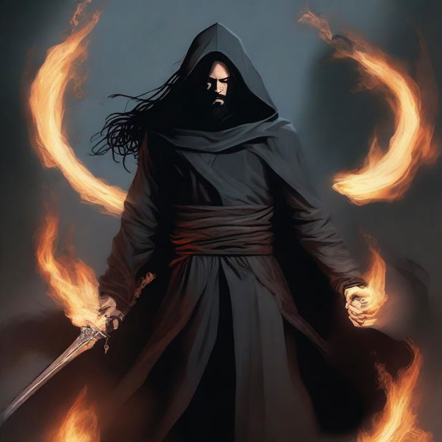 A human man with long black hair and a beard, wearing black robes and a hood