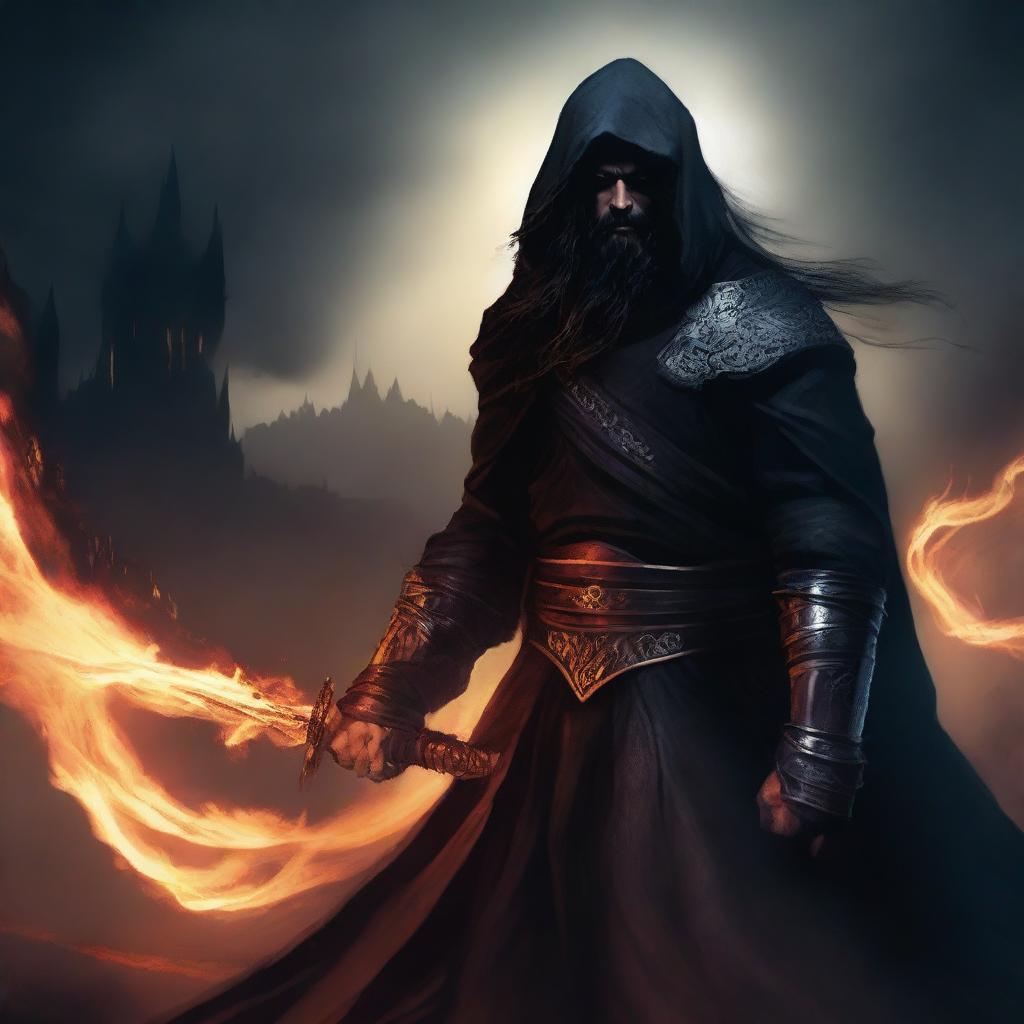 A human man with long black hair and a beard, wearing black robes and armor, and a hood