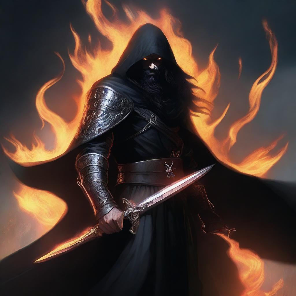 A human man with long black hair and a beard, wearing black robes and armor, and a hood