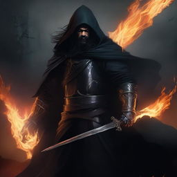 A human man with long black hair and a beard, wearing black robes and armor, and a hood