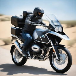 A detailed image of a BMW R1200GS motorcycle with a rider and passenger