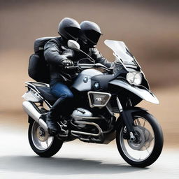 A detailed image of a BMW R1200GS motorcycle with a rider and passenger