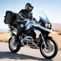 A detailed image of a BMW R1200GS motorcycle with a rider and passenger