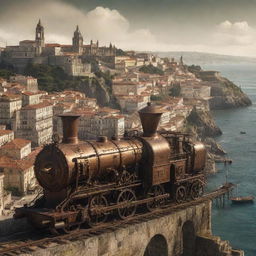 A concept of Portugal in the vein of steampunk, showcasing Lisbon with its skyline punctuated by steamwork machinery, Douro Valley's vineyards intertwined with cogs and gears, and the coastline traced by clockwork marine life.