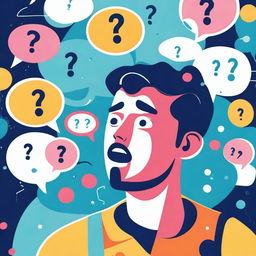 A vibrant and lively scene depicting a person full of curiosity, surrounded by question marks and thought bubbles