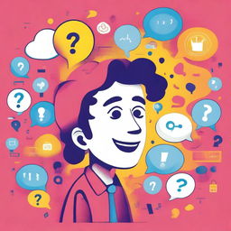 A vibrant and lively scene depicting a person full of curiosity, surrounded by question marks and thought bubbles