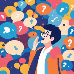 A vibrant and lively scene depicting a person full of curiosity, surrounded by question marks and thought bubbles