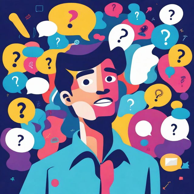 A vibrant and lively scene depicting a person full of curiosity, surrounded by question marks and thought bubbles