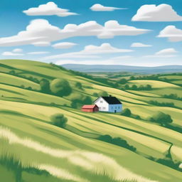 A serene countryside scene featuring rolling hills, lush green fields, and a clear blue sky with fluffy white clouds