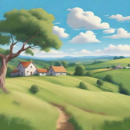 A serene countryside scene featuring rolling hills, lush green fields, and a clear blue sky with fluffy white clouds