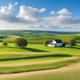 A serene countryside scene featuring rolling hills, lush green fields, and a clear blue sky with fluffy white clouds