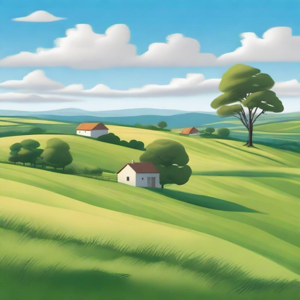 A serene countryside scene featuring rolling hills, lush green fields, and a clear blue sky with fluffy white clouds