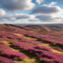 A beautiful heathland landscape with rolling hills, patches of vibrant heather, and scattered shrubs