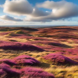 A beautiful heathland landscape with rolling hills, patches of vibrant heather, and scattered shrubs