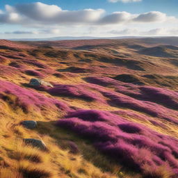 A beautiful heathland landscape with rolling hills, patches of vibrant heather, and scattered shrubs