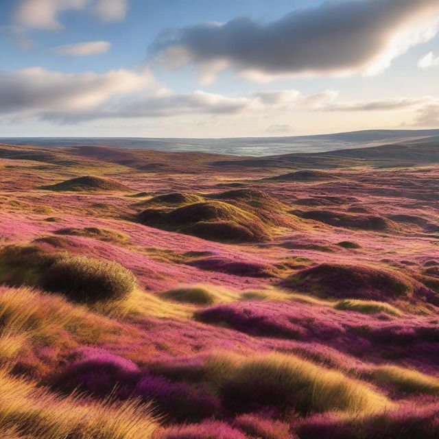 A beautiful heathland landscape with rolling hills, patches of vibrant heather, and scattered shrubs