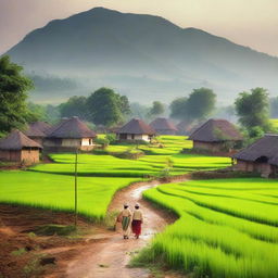 A nostalgic and heartwarming scene of a traditional village, capturing the essence of a peaceful countryside