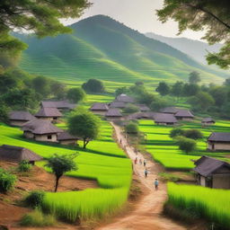 A nostalgic and heartwarming scene of a traditional village, capturing the essence of a peaceful countryside