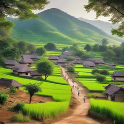 A nostalgic and heartwarming scene of a traditional village, capturing the essence of a peaceful countryside