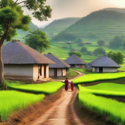 A nostalgic and heartwarming scene of a traditional village, capturing the essence of a peaceful countryside