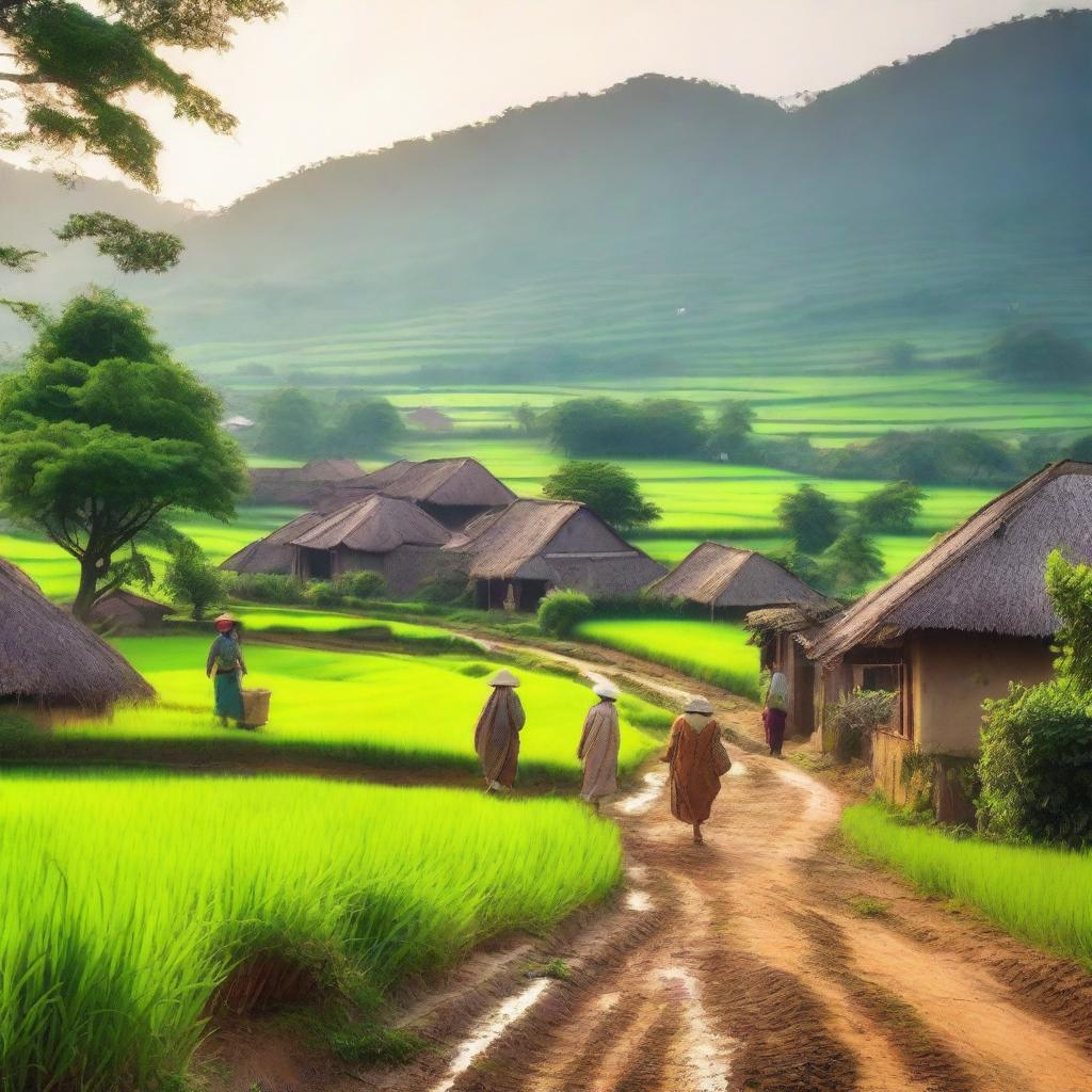 A nostalgic and heartwarming scene of a traditional village, capturing the essence of a peaceful countryside