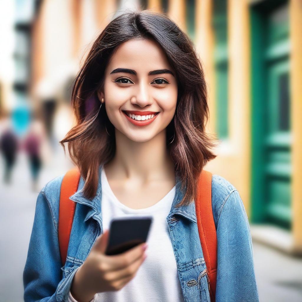 A beautiful girl holding a smartphone