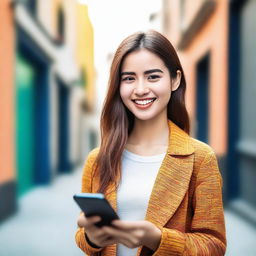 A beautiful girl holding a smartphone