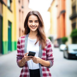 A beautiful girl holding a smartphone