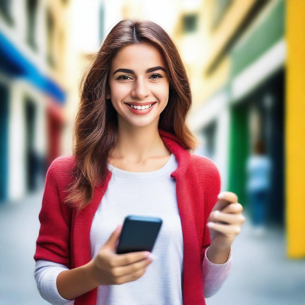 A beautiful girl holding a smartphone, endorsing a website