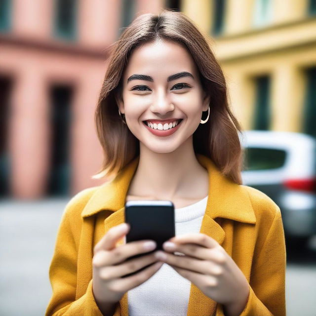 A beautiful girl holding a smartphone, endorsing a website